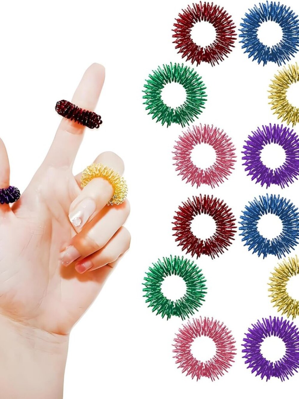 12PCS Acupressure Rings, 6 Colors Fidget Rings for Anxiety Relief, Silent Spiky